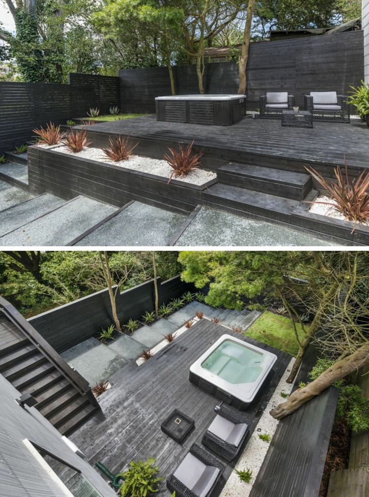terrasse sur terrain en pente bain à remous-extérieur-arbre-végétation